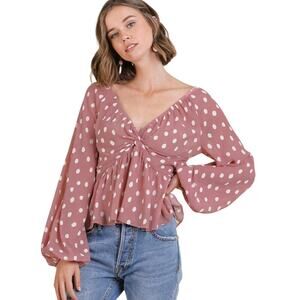 Umgee Pink V Neck Polka Dot LongSleeve Blouse Size Med NWT